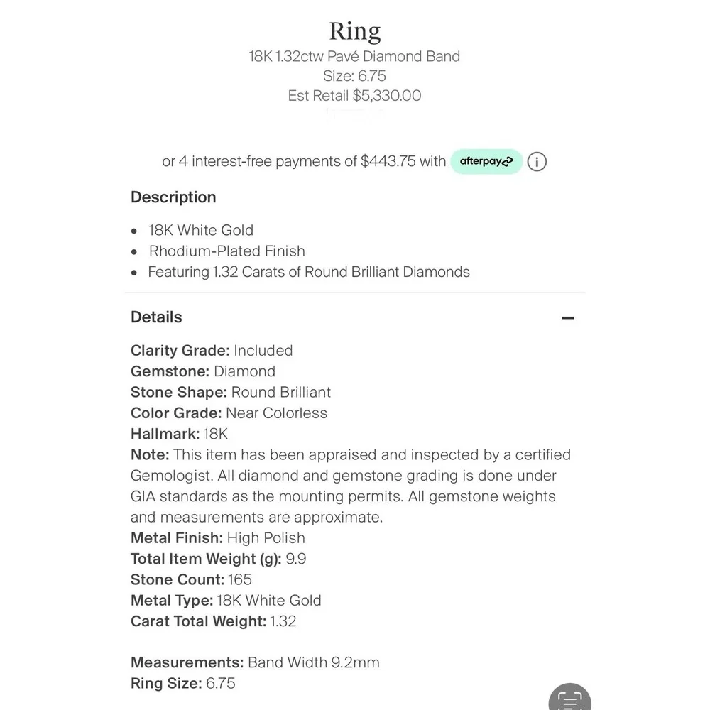18K White‎ Gold 1.32ctw 165 Round Pavé Diamond Band 6.75 Rhodium-Plated Finish